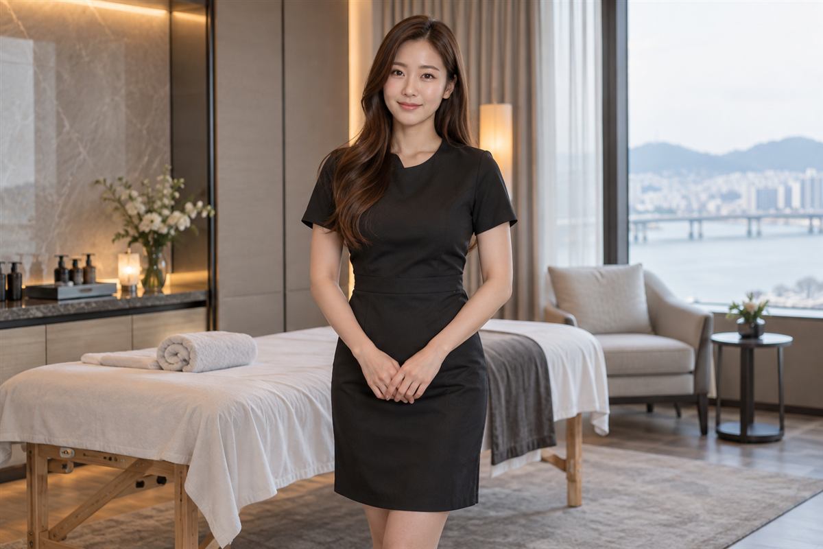 인천 검은색 원피스 근무복을 입고 카메라를 보는 긴 웨이브 머리 성인 모델 연출 이미지