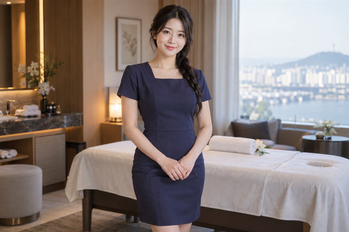 인천 남색 원피스 근무복을 입고 카메라를 보는 땋은 머리 성인 모델 연출 이미지